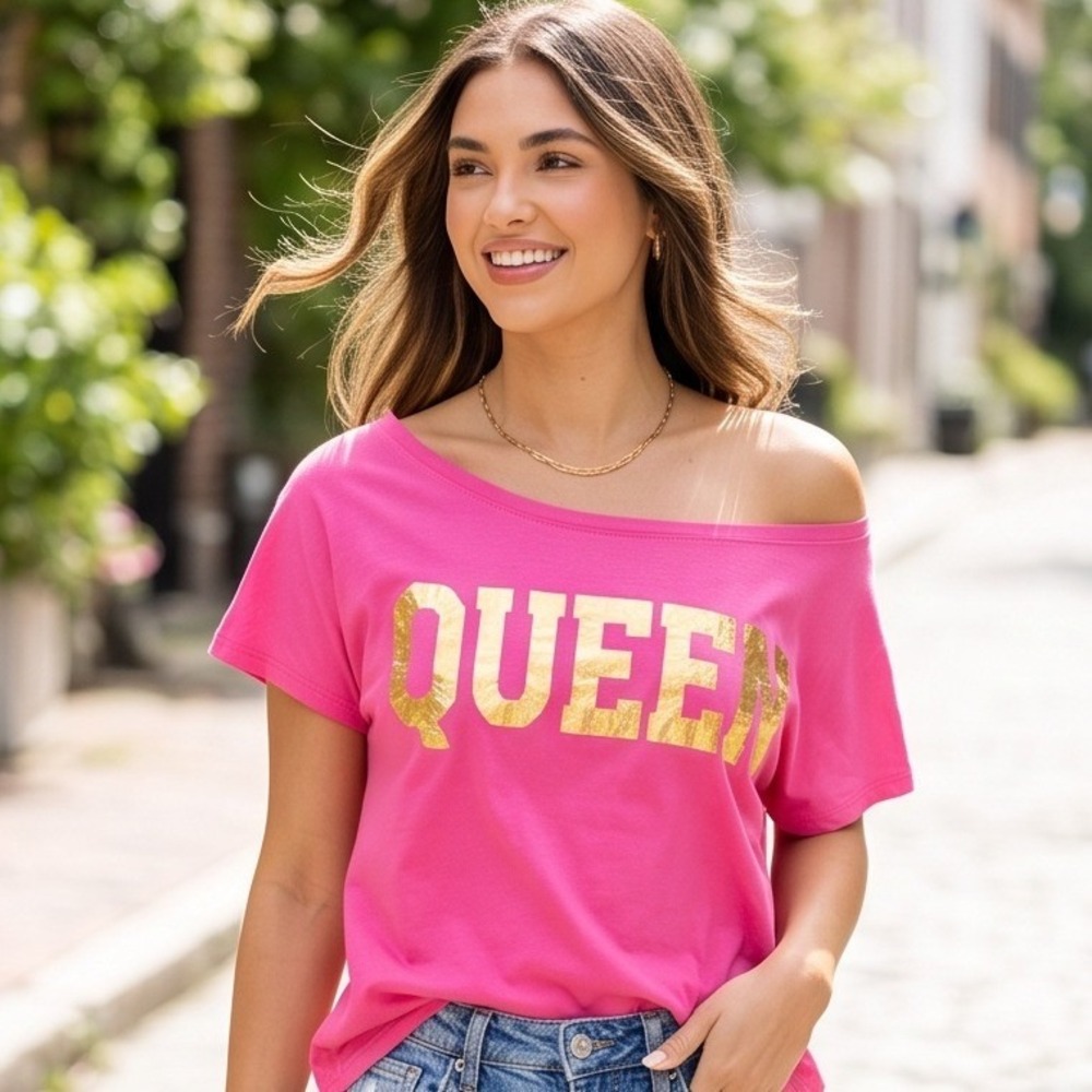 Pesion 4XL Queen Graphic Tee Pink Gold Foil Off Shoulder Short Sleeve Top NWT